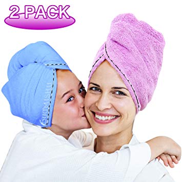 2 Pack Bigger Plus Size Hair Towel Wrap Turban Microfiber Drying Bath Shower Head Towel with Buttons, Quick Magic Dryer, Dry Hair Hat, Wrapped Bath Cap By Duomishu (Blue & Purple)