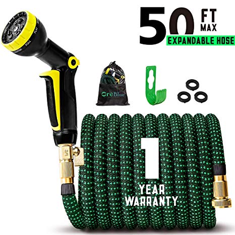 2019 UPGRADED 50ft Expandable Garden Hose, 50 Feet Expanding Hoses Extra Strength 3750D Outdoor Flexible Hose Lightweight Yard Hose,Water Hose with Solid Brass Fittings Durable Spray Pattern Nozzle