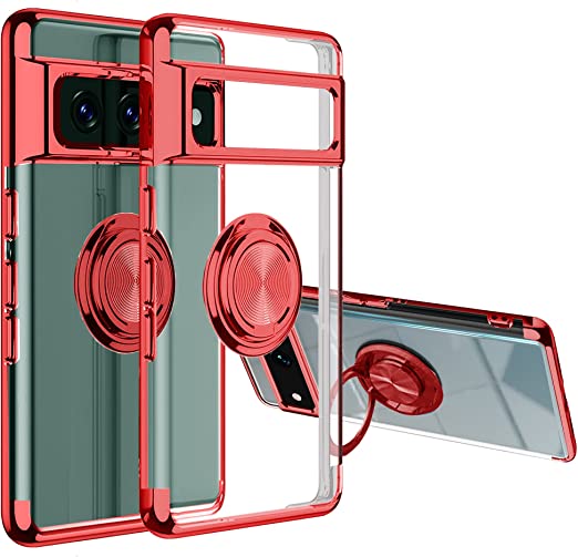 Pixel 7 Case [360° Ring Stand] Crystal Clear [Electroplated Edge] Silicone Soft TPU [Shockproof Protection] Thin Cover Compatible with Google Pixel 7 (Red)