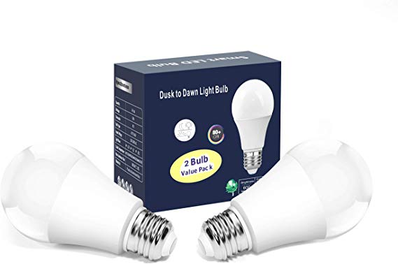 Outdoor Dusk to Dawn Light Bulbs- No Timer Required, 12W(100W Equivalent), 3000K Warm, E26 A19 Automatic Sensor LED Bulbs, Built-in Photocell Detector for Boundary, Garage, Patio, 2-Pack by Torkase