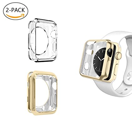 [2-PACK]Apple Watch 38mm Case Series 2, UBOLE Scratch-resistant Flexible Lightweight Plated TPU Protective Bumper Cover for iWatch Series 1, Series 2 (GOLD CLEAR 38mm)