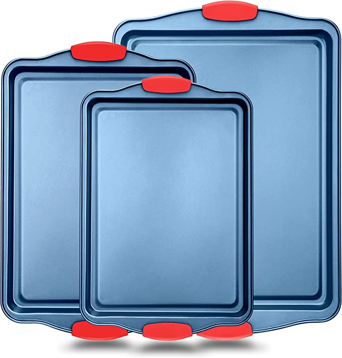 3-Piece Nonstick Bakeware Set - PFOA, PFOS, PTFE-Free Carbon Steel Baking Trays w/ Heatsafe Red Silicone Handles, Oven Safe Up to 450°F, Small, Medium & Large Cookie Sheet Pans