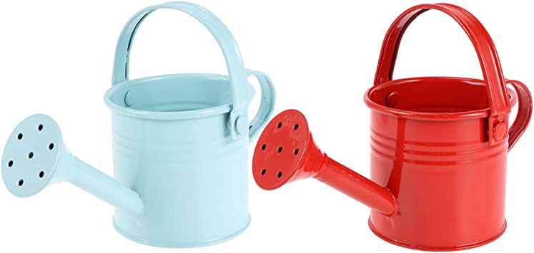 DOITOOL Metal Watering Can, 2Pcs Kids Watering Cans, Iron Watering Kettle Small Watering Pot for Home Office Indoor Outdoor Succulents, Potted Flowers, Bonsai Plants (Red and Light Blue)