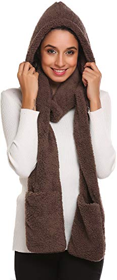 Chigant Womens Soft Thick Warm Fleece Long Hooded Scarf with Gloves for Chrismas Gift