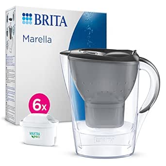 BRITA Marella Water Filter Jug Graphite (2.4L) Half Year Pack incl. 6X MAXTRA PRO All-in-1 Cartridge - Fridge-Fitting jug with Digital LTI and Flip-Lid - Now in Sustainable Smart Box Packaging