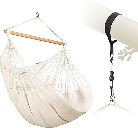 LA SIESTA® - Large Comfort Habana Cotton Hammock Chair & TreeMount - Hanging Hammock Chair w/Suspension Kit for Trees Beams & Posts - Indoor Outdoor Swing Hanging Chair Bedroom Patio Balcony - Latte