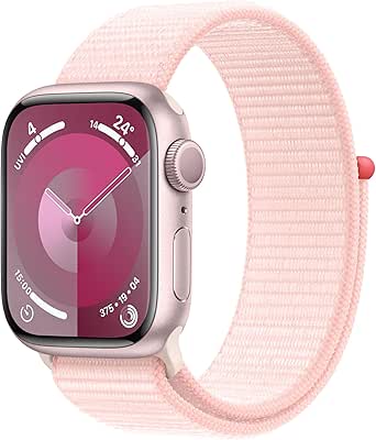 Apple Watch Series 9 (GPS, 41 mm) Smartwatch mit Aluminiumgehäuse in Pink und Sport Loop Armband in Hellrosa. Fitnesstracker, Blutsauerstoff und EKG Apps, Always-On Retina Display, CO₂ neutral