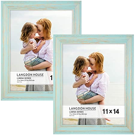 Langdon House 11x14 Real Wood Picture Frames (2 Pack, Eggshell Blue - Gold Accents), Wooden Photo Frame 11 x14, Wall Mount or Table Top, Lumina Collection