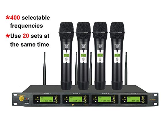 PRORECK UK-4000 UHF 4 Channel Wireless Microphone System with Four Handheld Microphone with FCC Certification, Perfect for Party/Wedding/Church/Conference/Speech, 400 Selectable Frequencies