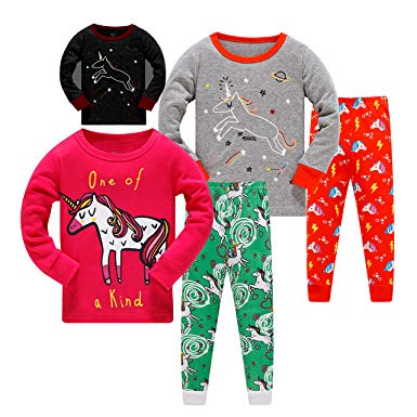 AmberEft Pajamas for Girls Kids Clothes Toddler PJs 100% Cotton Pyjama 4-Piece Sleepwear 2-8 Years