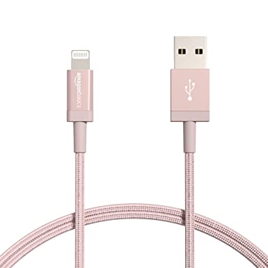 Amazon Basics New Release Nylon USB-A to Lightning Cable Cord, MFi Certified Charger for Apple iPhone, iPad,Rose Gold, 3-Ft