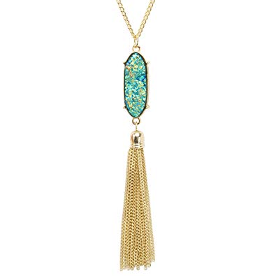 KISSPAT Long Necklace For Women Sparkly Faux Druzy Pendant Long Tassel Necklace Statement Jewelry