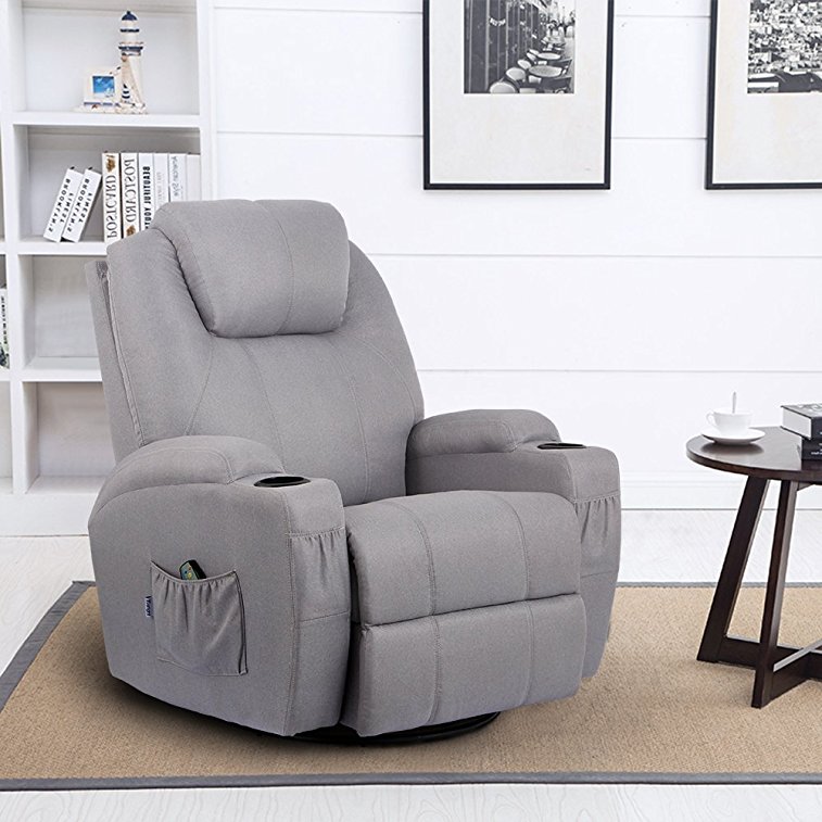 Esright Grey Fabric Massage Recliner Chair 360 Degree Swivel Heated Ergonomic Lounge