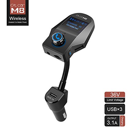 Wireless Bluetooth FM Transmitter In-Car Radio Adapter Car Kit With Aux Input 1.44 Inch Display 3.1A Triple USB Car Charger Support U-disk, SD/TF Card,IOS&Andriod Phone,Ipad,Tablets Mp3 Player (Black)