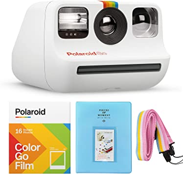 Polaroid GO Instant Mini Camera White   Polaroid GO Color Film – Double Pack   Album   Strap