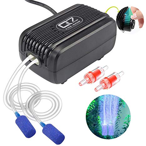 UPMCT Aquarium Air Pump with Dual Outlet Adjustable Air Valve, Ultra Silent Oxygen Air Pump with Accessories Air Stones Silicone Tube Check Valves, Suitable for 1-80 Gallon Tank