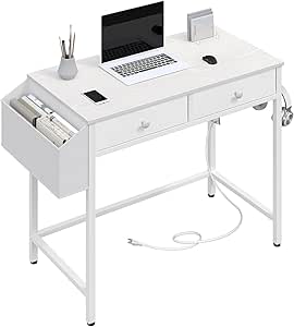 HOOBRO Small White Computer Desk with Power Outlet, 32 Inch Home Office Computer Desk with 2 Fabric Drawers, Study Desk for Small Spaces, with Side Pocket, for Study, Living Room, White WW42UDN01