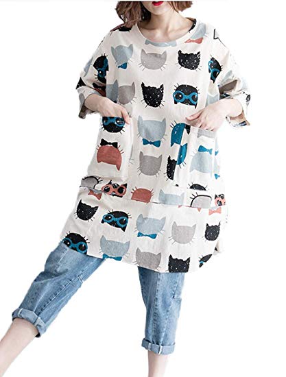 Mordenmiss Women's New Cute Printed Round Neck Blouse Tee Shirt with Pockets