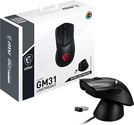 MSI Clutch GM31 Lightweight Wireless Ergonomic Gaming Mouse & Charging Dock, 12K DPI Optical Sensor, 60M Omron Switches, Fast-Charging 110Hr Battery, RGB Mystic Light, 5 Programmable Buttons, PC/Mac