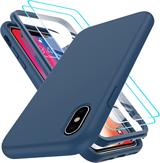 LeYi for iPhone X Case, iPhone Xs Case with [2 x Tempered Glass Screen Protector] for Men, Full-Body Shockproof Soft Liquid Silicone Protective Phone Cover Case for iPhone 10/X/XS, Blue