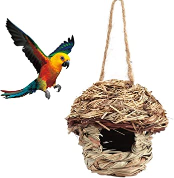 Fdit Handwoven Straw Bird Nest Cage House Hatching Breeding Cave in 3 Size for Parrot, Canary or Cockatiel or Other Birds(S)