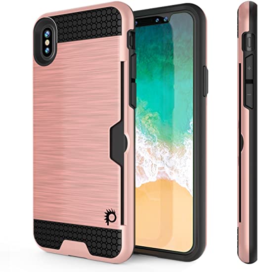 iPhone X Case, PUNKcase [Slot Series] [Slim Fit] Universal Armor Cover w/Integrated Anti-Shock System, Credit Card Slot & Tempered Glass Screen Protector for Apple iPhone 10 [Rose Gold]