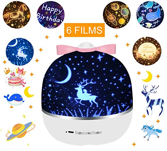 Rechargeable Star Night Light Projector, 6 Projector Films Night Projector, 360 Degree Rotation Projector Light, 8 Colorful Modes with USB Cable for Baby Nursery, Kid Room Decor