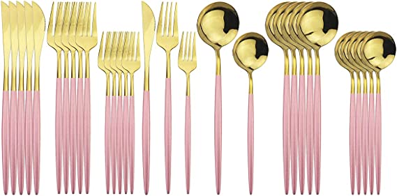 Gugrida Silverware Set, 30-Piece 304 Stainless Steel Flatware Set Pink Gold Cutlery Set Service For 6, Mirror Finish, Dishwasher Safe, Nice Gift Box