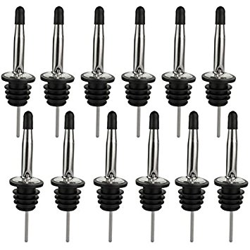 FineWish New 12 Pack Stainless Steel Liquor Bottle Speed Pourers Tapered Spout with Rubber Dust Caps Black