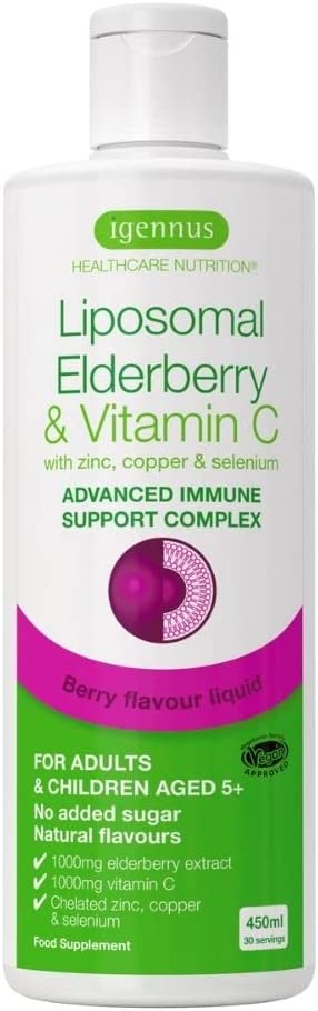 Liquid Elderberry (Sambucus) 1,000mg with Liposomal Vitamin C & Zinc, 450ml Liquid Immune System Booster for Adults & Kids, Berry Flavoured Syrup, by Igennus