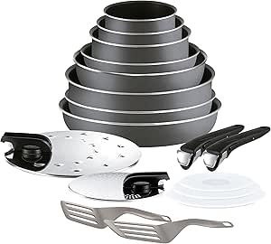 Tefal Ingenio Essential - Set mit 4 Pfannen, 3 Schöpfkellen   abnehmbarem Griff: 22/26/28 cm Pfannen   24 cm Wok, 16 cm Stielkasserolle, 18/20 cm Aufläufe, 2 Deckel und Griffe