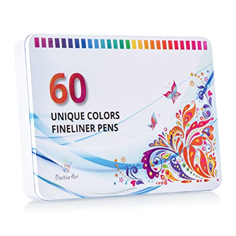 Positive Art Fineliner Coloring Pen Set 60 UNIQUE COLORS | Super Fine Tips 0.4 mm | Color Books, Draw Pictures, Write Notes | Assorted Colors, Quick Dry Ink