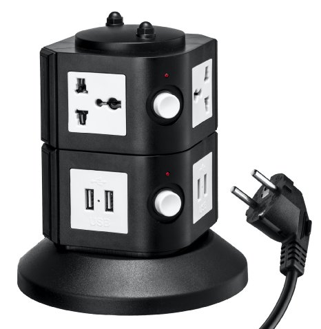 Universal Power Tower 4 Outlets and 8 USB - 100v to 220v/250v and 2550 Watts Surge Protector - with Circuit Breaker - for Worldwide Use - EU Plug