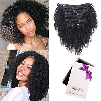Afro Kinky Curly Clip In Human Hair Extensions,100% Virgin Hair Extensions African American 4C Kinky Curlys Clip in Extensions For Black Women (#1b natural color,128gram/set,10inch)