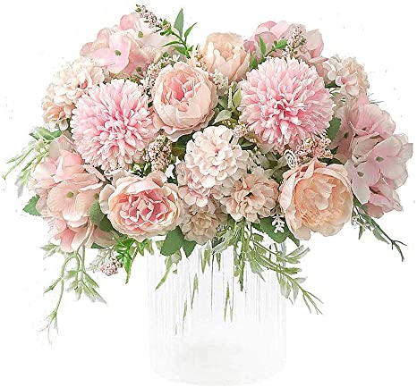 Artificial Flower Silk Peony Bouquets Hygrangea Carnations Flower Arrangement Centerpiece for Table Wedding Dining Room Home Decorations Set of 2, Blush Pink