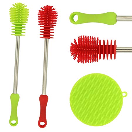 2 Pack Silicone Bottle Cleaning Brush and a Dish Washing Scrubber Sponge, TIMGOU FDA Antibacterial Multipurpose Silicone Cleaning Tool Set for Kitchen
