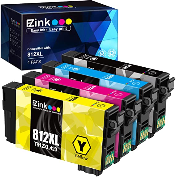 E-Z Ink (TM) Remanufactured Ink Cartridge Replacement for Epson 812XL 812 T812XL T812 to use with Workforce Pro WF-7820 WF-7840 EC-C70 Printer (1 Black, 1 Cyan, 1 Magenta, 1 Yellow, 4 Pack)