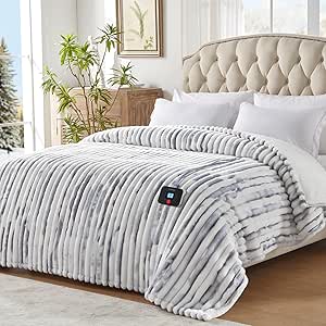 Westinghouse Electric Blanket Queen Size, Soft Luxury Faux Fur & Sherpa Heated Blanket with 10 Heating Levels & 1-12 Hours Auto Off, Fast Heating Blanket, Machine Washable, 84x 90 Inch Blue Gray