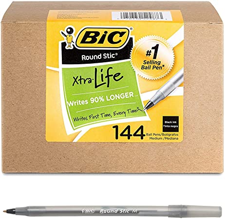 Round Stic Xtra Life Ball Point Pen, Black, 144-Count