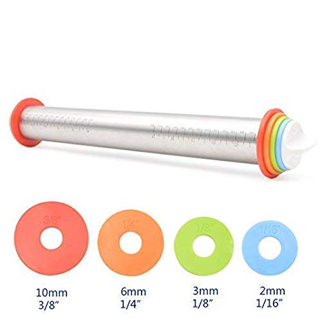 ANREONER Rolling Pin for Baking, Stainless Steel Dough Roller with 1/16, 1/8, 1/4, and 3/8 inch 4 removable Thickness Adjust Rings for Baking/Dough/Pizza/Pie/Pastries/Pasta/Cookies- 17 inch