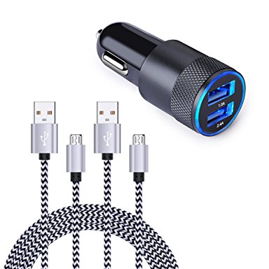 Universal Car Charger Adapter, FiveBox Dual USB Car Charger Black With USB Micro USB Charger Cable Cord for Android Phone, Samsung Galaxy S6 S7 Edge, J3 J5 J7, Note 4/5, Tab, HTC M8 M9, Moto, and More