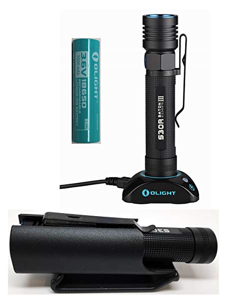 Holster Bundle: Olight S30R Baton III 1050 Lumen rechargeable LED Flashlight with Customized 3500mAh 18650 battery, Magnetic Charging Dock, USB cable and Clip-on Kydex Hard shell Holster