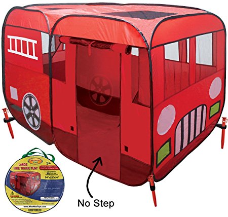 Large Children Fire Engine Truck Pop-Up Playhouse Play Tent (with No-Step) At Front Door for Easy Access For Toddlers Boys Girls Kids to Pretend Play Fireman, Can be Used Indoors or Outdoors w/Stakes
