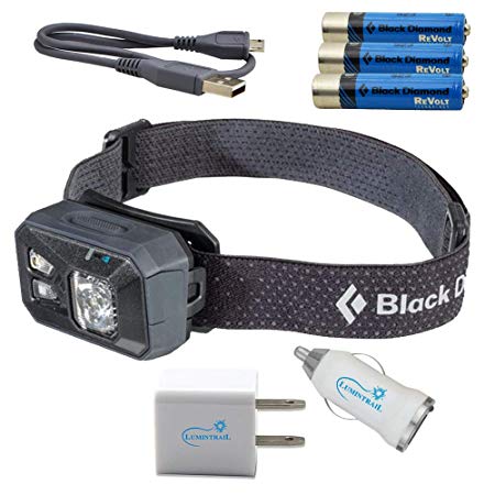 Black Diamond Revolt Rechargeable Headlamp (Black) Bundle with Lumintrail USB Car and Wall Adapters