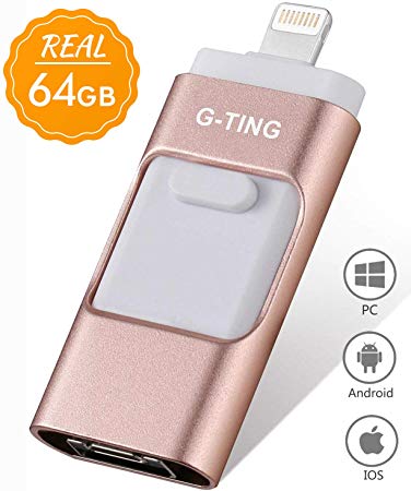 USB Flash Drives for iPhone 64 GB Pen-Drive Memory Storage, G-TING Jump Drive Lightning Memory Stick External Storage, Memory Expansion for Apple iOS Android Computers (Pink)