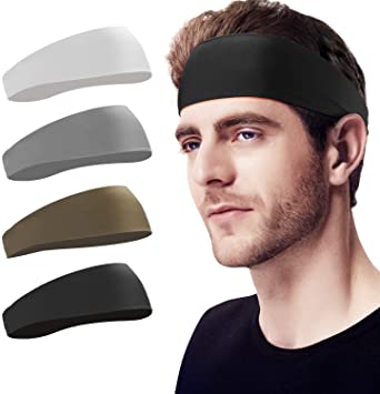 BF BAFLY Headbands for Men 4 Pack Sweat Band & Mens Headbands Sport for Running, Cycling, Yoga, Basketball and Workout Lightweight Breathable Sweatbands (4 Pack-Black&Grey&White&Army Green)