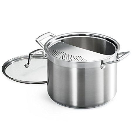 Tramontina 80120/509DS Lock & Drain Pasta Cooker Pot with Strainer Lid, 18/8 Stainless Steel, Induction-Ready, Impact-Bonded, 8-Quart