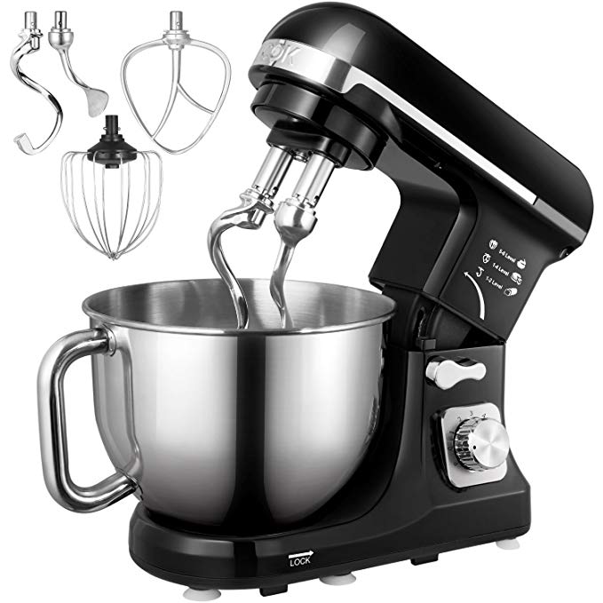 Stand Mixer, Aicok 5 Quart 500W 6 Speed Dough Mixer with Stainless Steel Bowl, Tilt-Head Food Mixer, Kitchen Electric Mixer with Double Dough Hooks, Whisk, Beater, Pouring Shield, Black