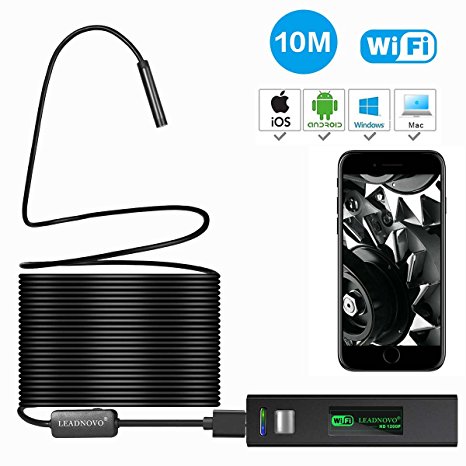 Wireless Endoscope for iPhone Android, LEADNOVO WIFI Borescope Inspection 1200P HD Camera IP68 Waterproof Semi-rigid Snake Cable for IOS/MAC/Windows, Motor Engine/Sewer/Pipe/Vehicle -Black(33FT)