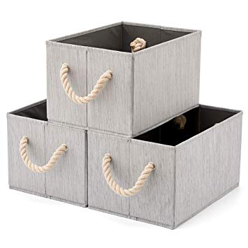 EZOWare Bamboo Large Fabric Storage Bins Organizer with Cotton Rope Handle, Collapsible Cube Basket Container Box for Closet Cubby Shelves (Gray))